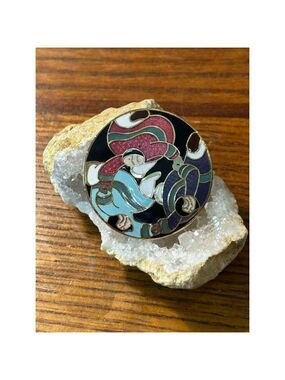 Vintage Barbara Lavallee Inuit Women Dancing Enamel Cloisonné Pin Brooch Round